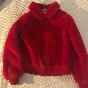 Red Hannah Andersson red faux fur winter dress coat.